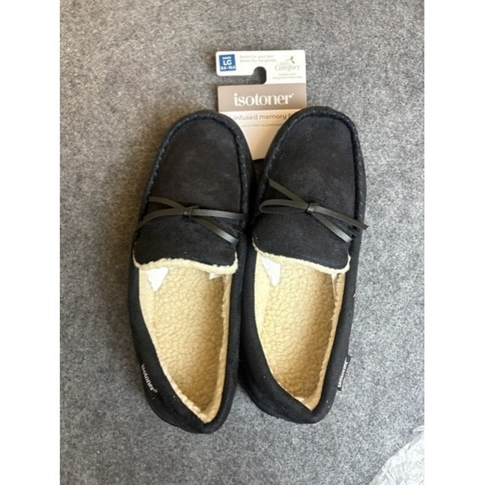 Isotoner Men's Moccasin Slippers Black Suede Gel Infused Memory Foam LG 9.5-10.5 - Picture 3 of 6